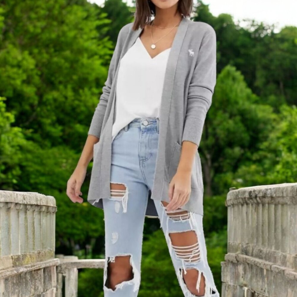 ABERCROMBIE & FITCH ( S ) Women's Gray Tri-Cotton Open Knit Long Cardigan